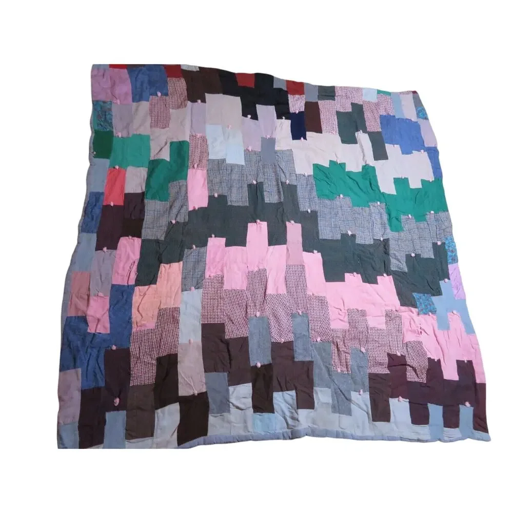 Patchwork Blanket Quilt Tied Block Top Gray Backing 70x57 Vintage